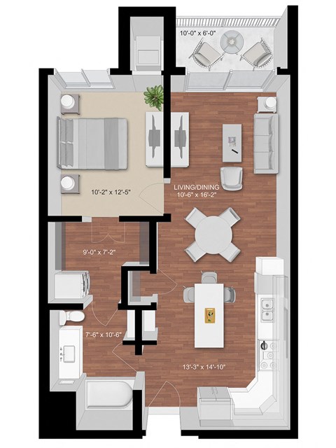 Floor plan for 1 bed, 1 bath, 733 sqft